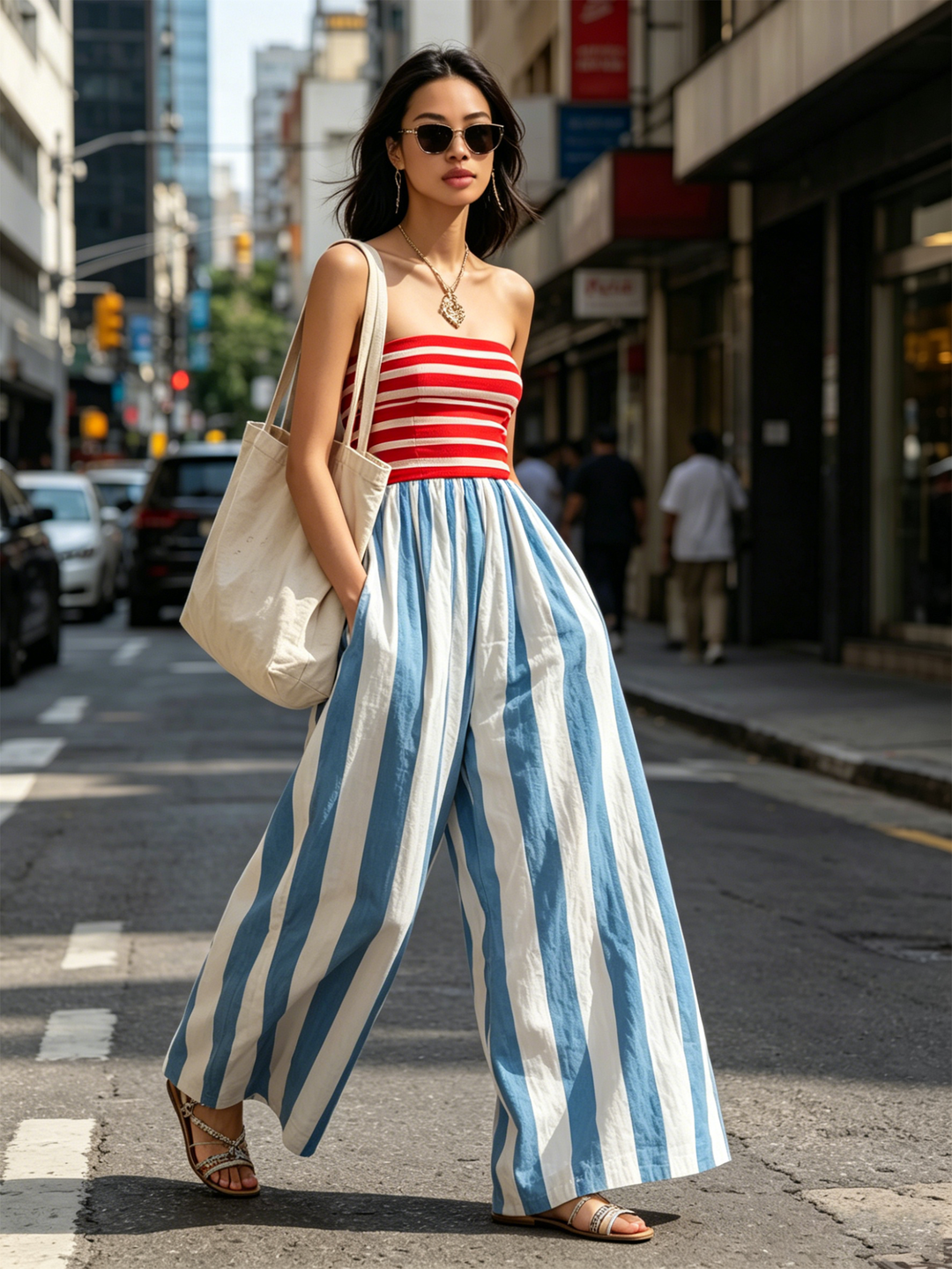 Billie -  ストラップレス ストライプ ワイドレッグ ジャンプスーツ