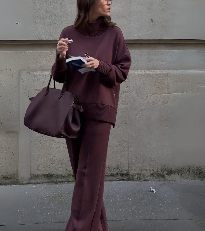 Blandine - ニットツーピースセット タートルネックセーターとワイドレッグパンツ