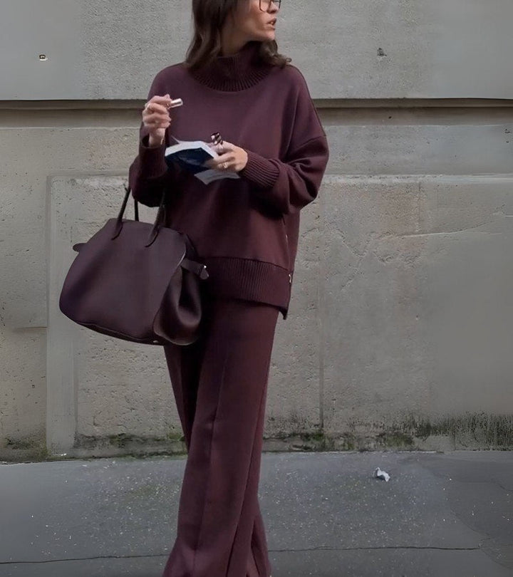 Blandine - ニットツーピースセット タートルネックセーターとワイドレッグパンツ