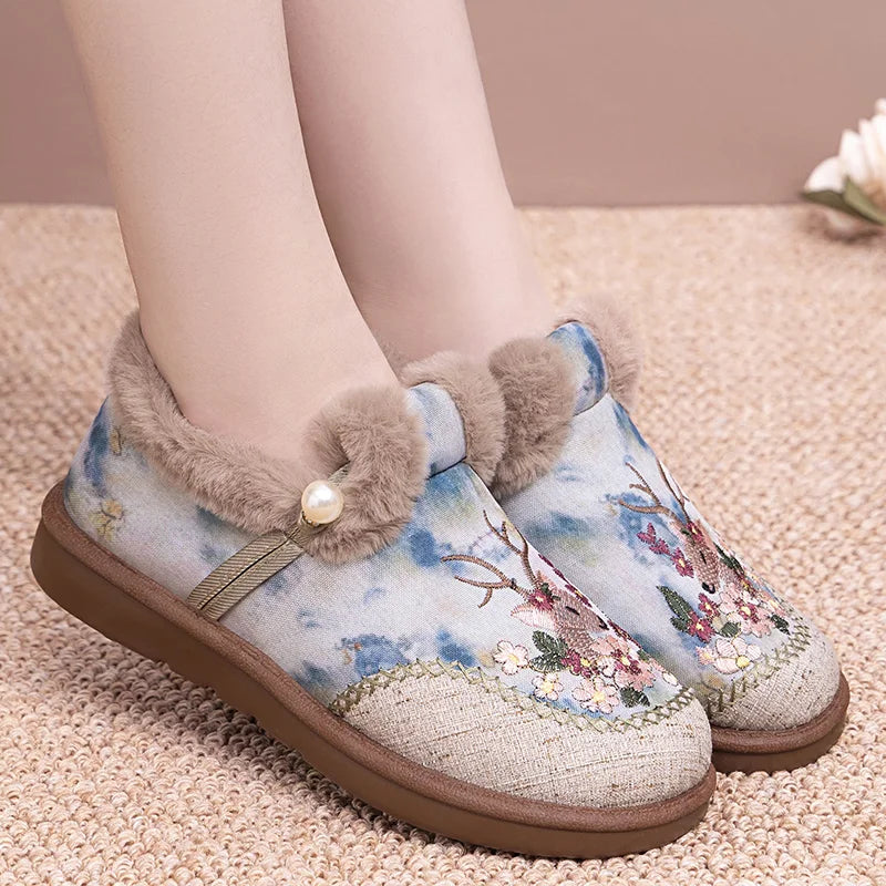Alece - レトロ刺繍鹿柄 フェイクファー スリッパ