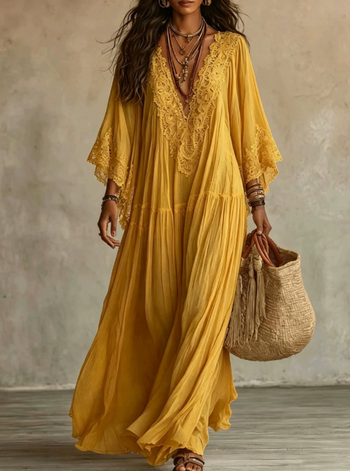Ainura - ロングのアイボリー色のシフォン＆レースドレス