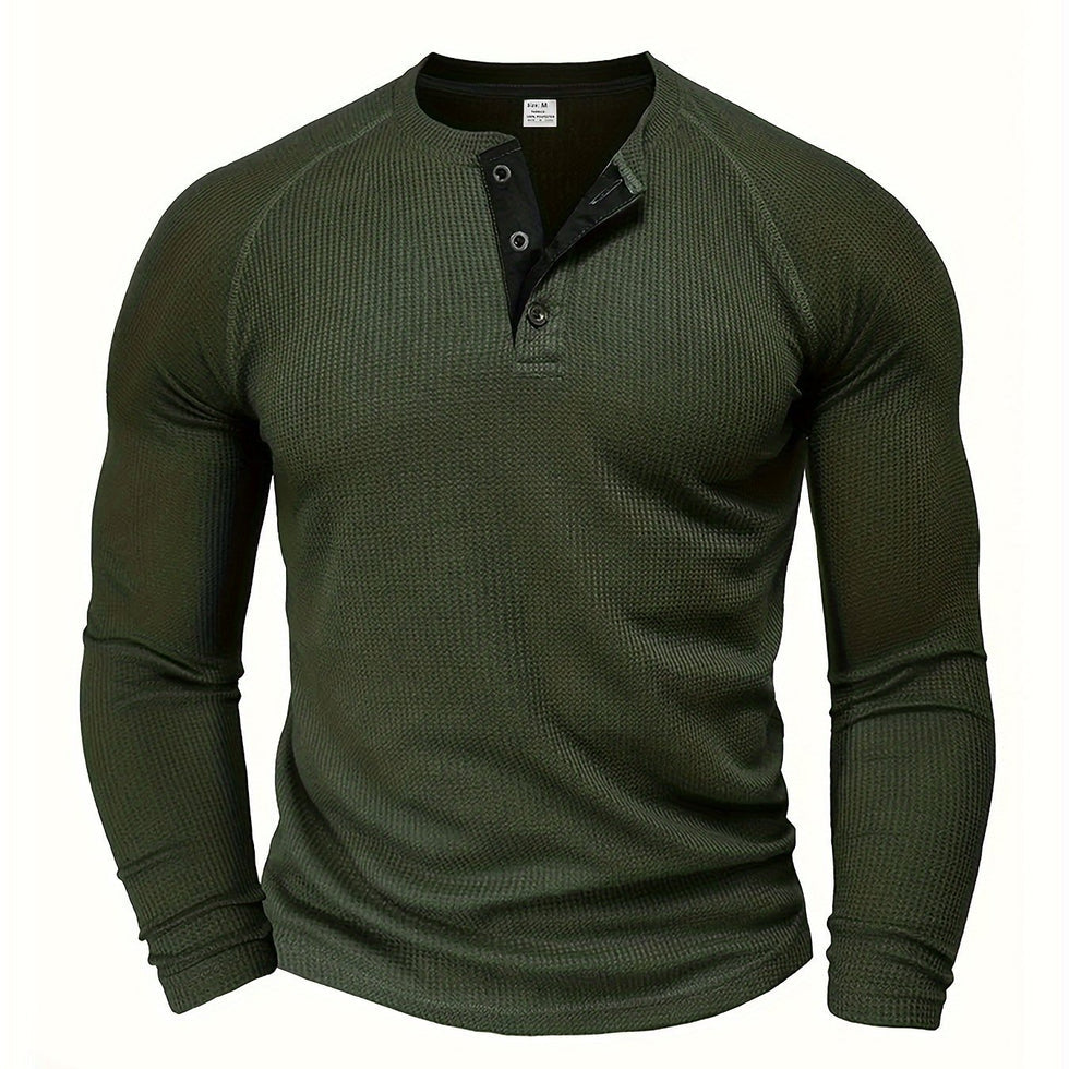 Jarik - テクスチャード加工のロングスリーブ・ヘンリーネックTシャツ