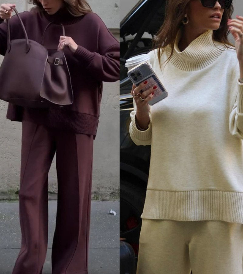 Blandine - ニットツーピースセット タートルネックセーターとワイドレッグパンツ
