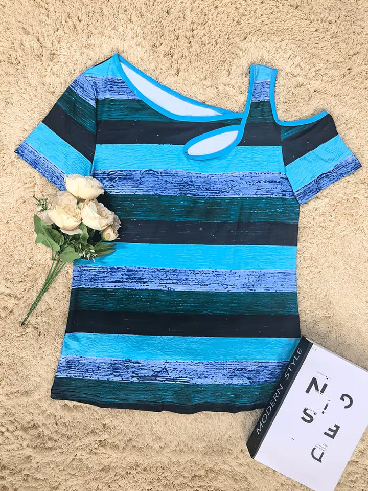 Sittina - コールドショルダー ストライプTシャツ