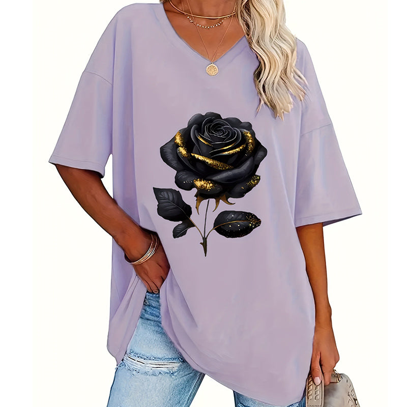 Aijia - ローズプリント VネックTシャツ