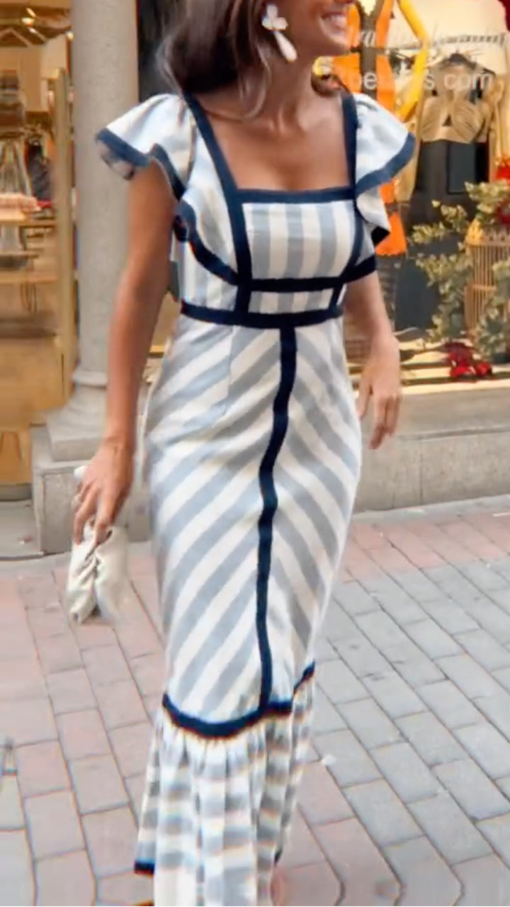 Lileeka - ミックスストライプ スクエアネック マキシドレス