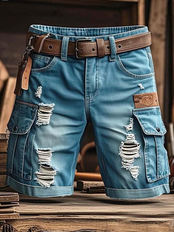メンズ ヴィンテージ アウトドア 機能性 リップド デニム ショートパンツ