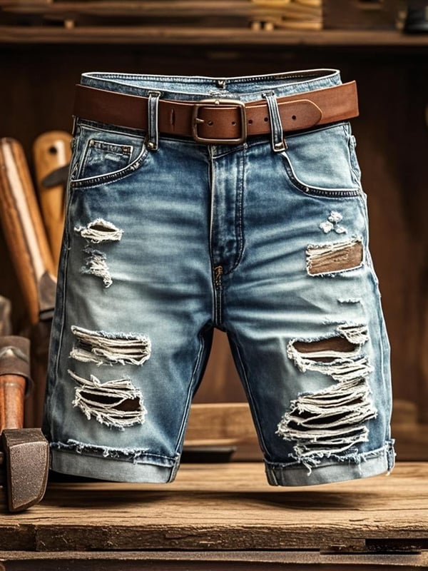 メンズ ヴィンテージ アウトドア 機能性 リップド デニム ショートパンツ