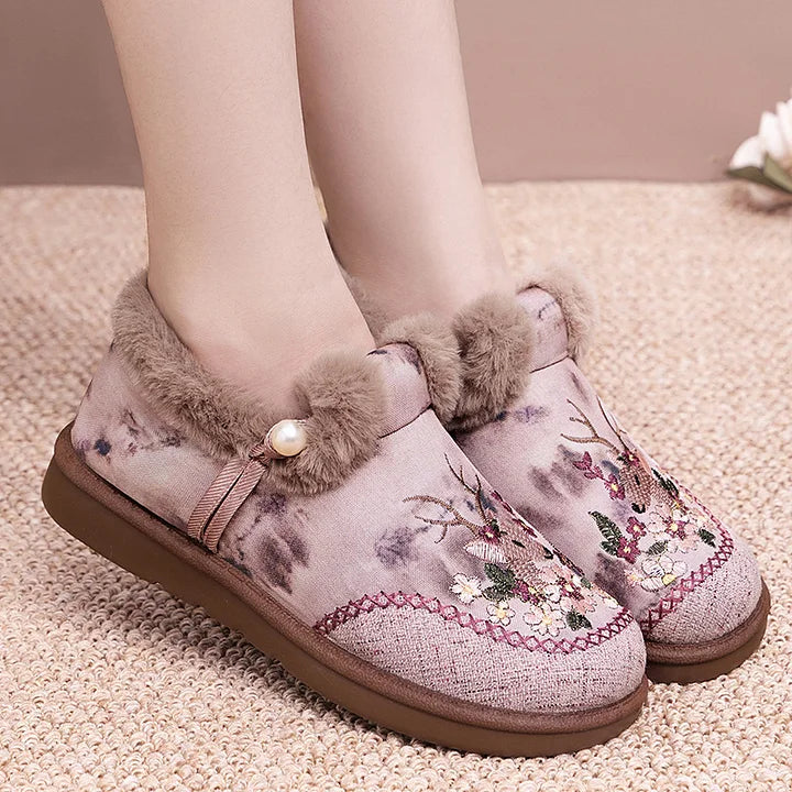 Alece - レトロ刺繍鹿柄 フェイクファー スリッパ