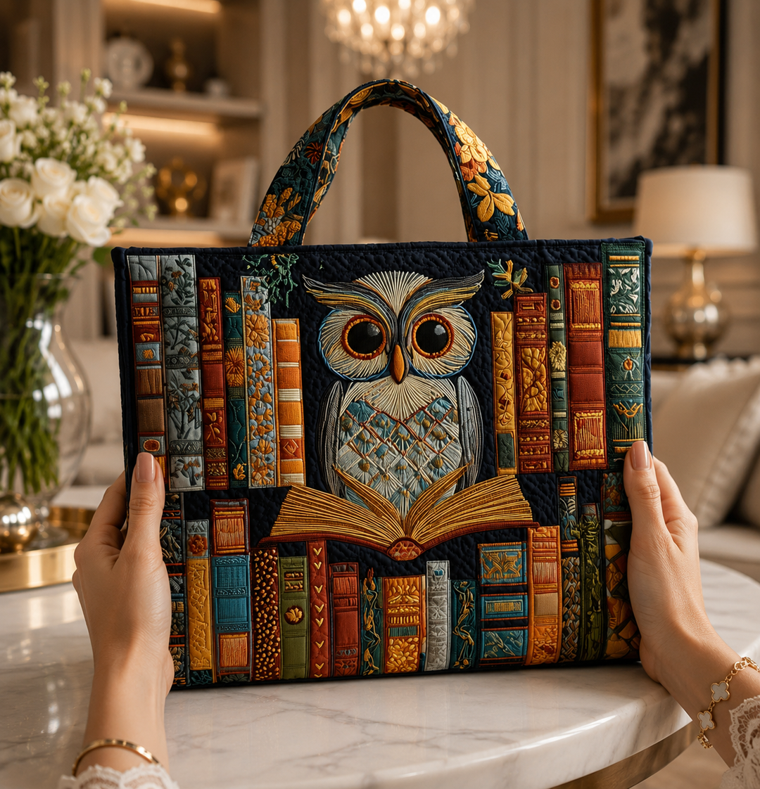 Tyliana - フクロウの刺繍入り「ライブラリー」キルティングトートバッグ