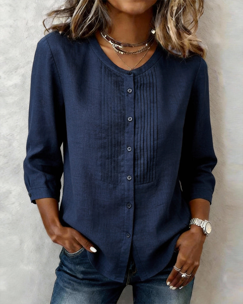 Itsasne - 三分袖ボタンダウンコットンシャツ