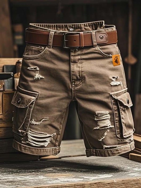 メンズ ヴィンテージ アウトドア 機能性 リップド デニム ショートパンツ