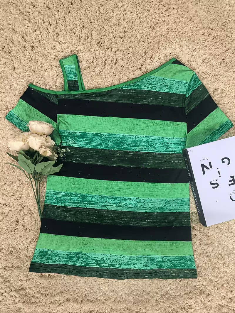 Sittina - コールドショルダー ストライプTシャツ