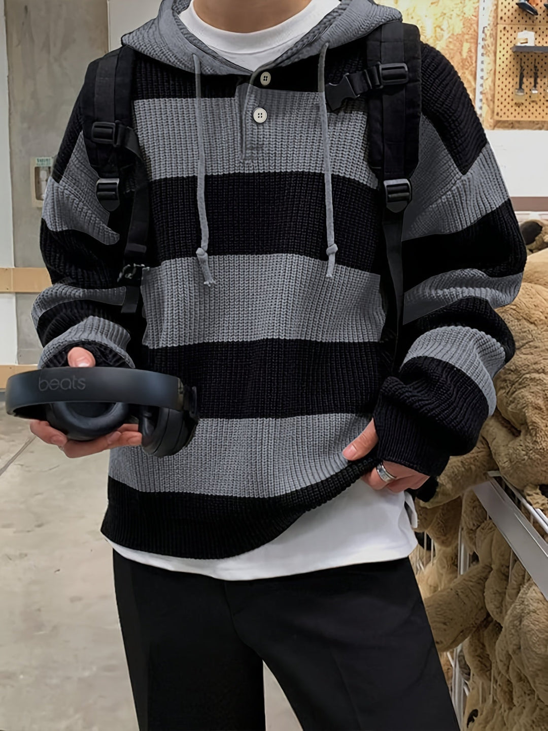 Tenzin - オーバーサイズ ストライプ ニット フード付きパーカー