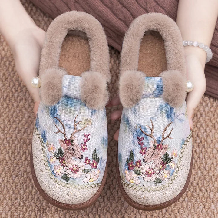 Alece - レトロ刺繍鹿柄 フェイクファー スリッパ