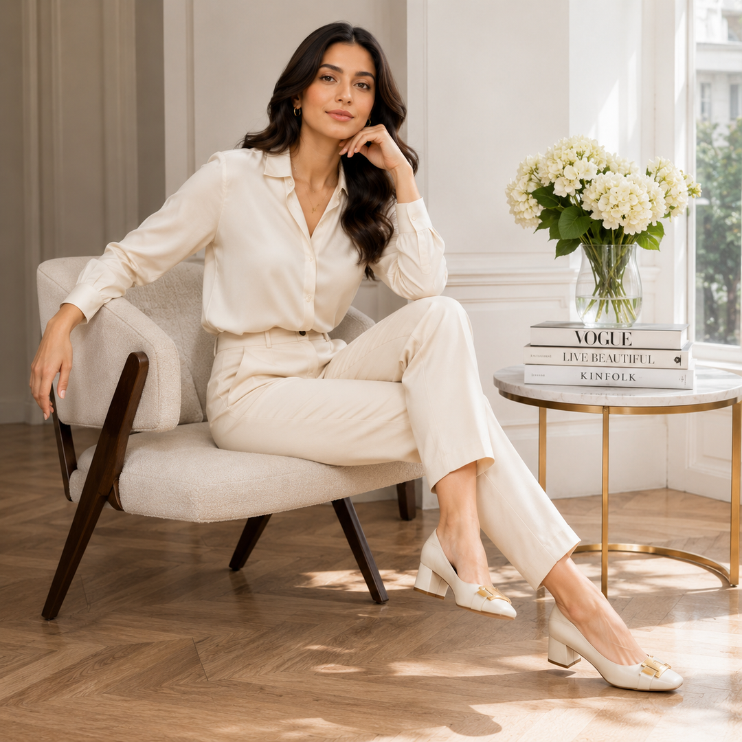 Hadeel - リボンバックル付きのポインテッドトゥ・ブロックヒールシューズ