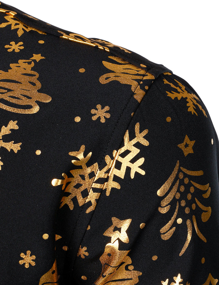 Nalcolm -  メンズ ゴールド クリスマスプリント ブラック 長袖シャツ