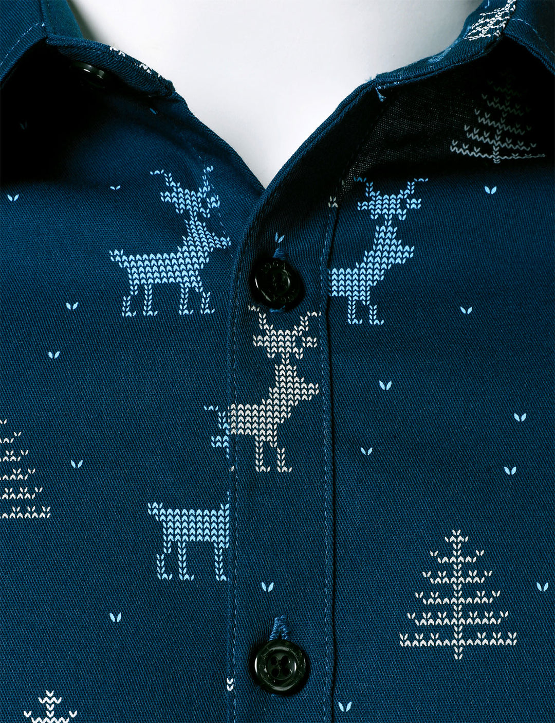 Rowan -  メンズ クリスマスツリーとムースのプリント 通気性のあるネイビーブルーの長袖シャツ