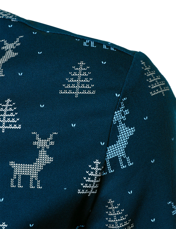 Rowan -  メンズ クリスマスツリーとムースのプリント 通気性のあるネイビーブルーの長袖シャツ