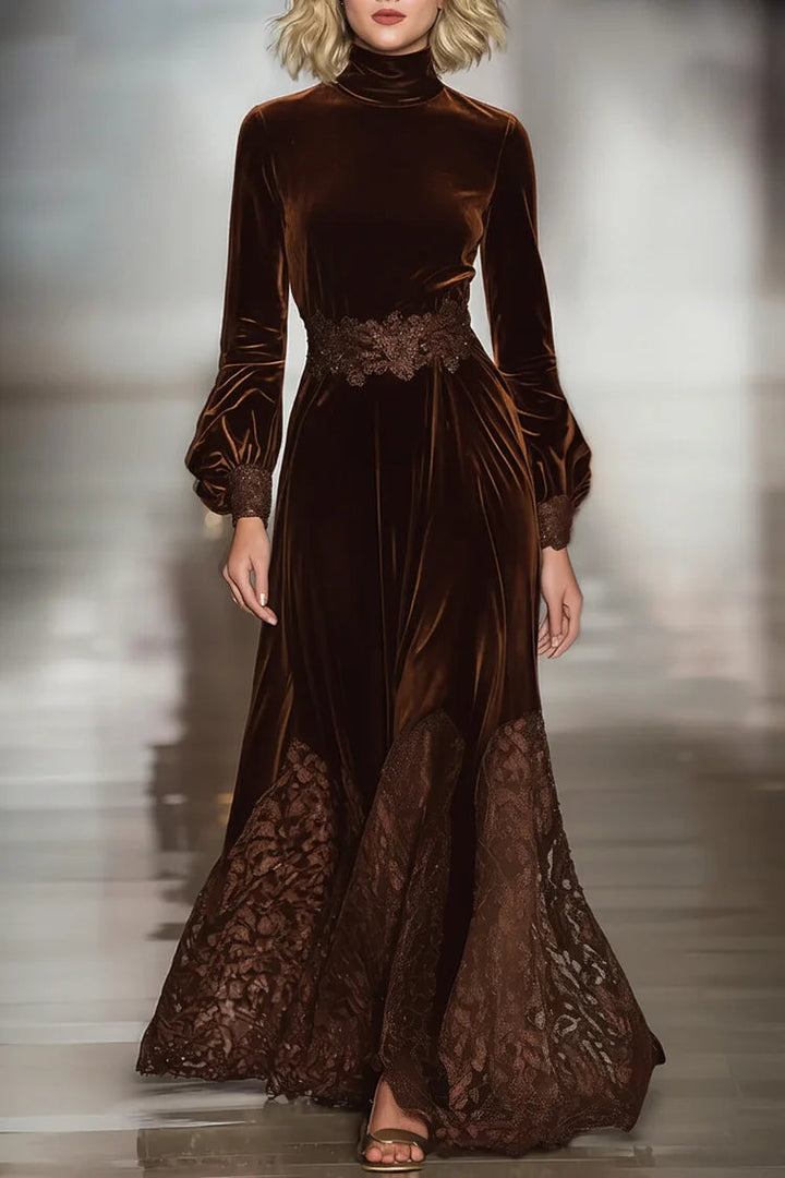 Yasna - Velvet Maxi Dresses with High Neck and Patchwork