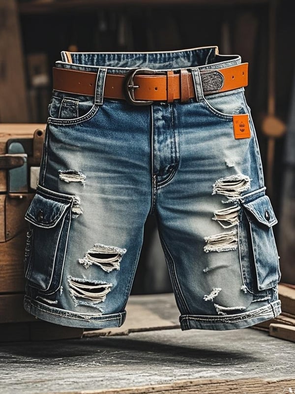 メンズ ヴィンテージ アウトドア 機能性 リップド デニム ショートパンツ