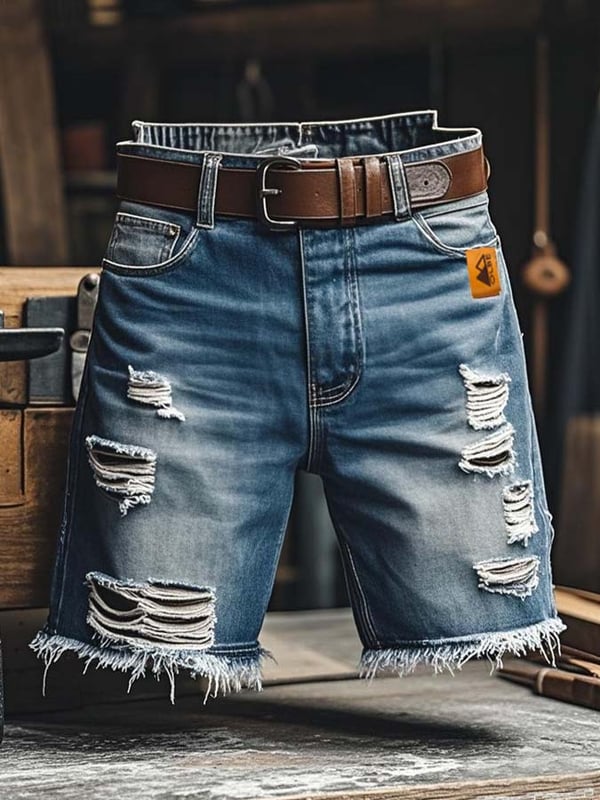 メンズ ヴィンテージ アウトドア 機能性 リップド デニム ショートパンツ