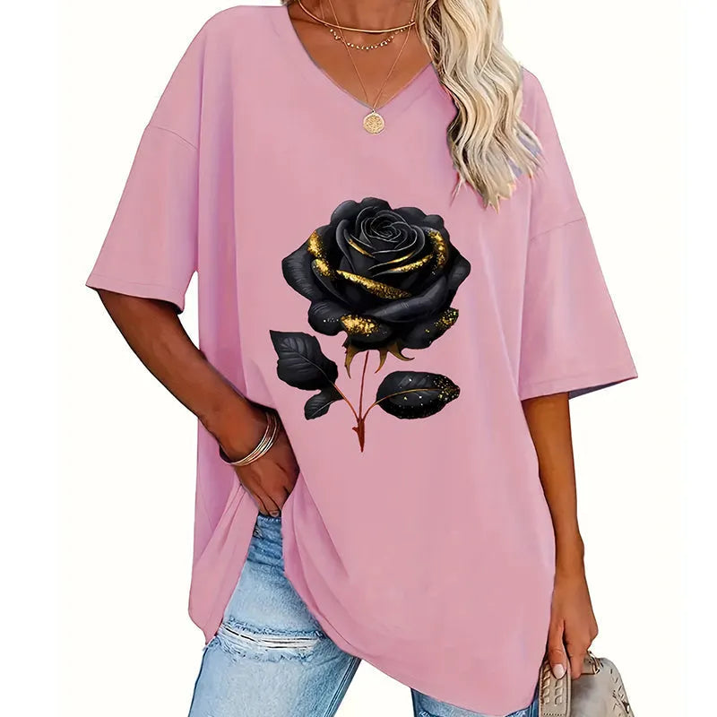 Aijia - ローズプリント VネックTシャツ