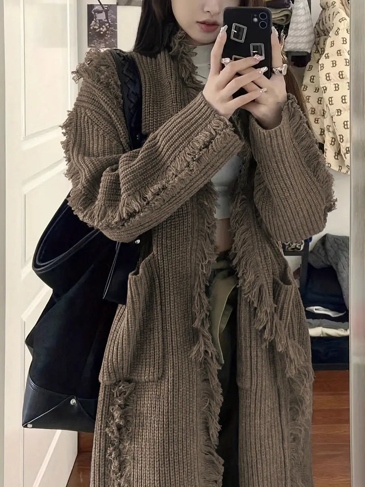 Ramziya - ポケット付きエレガントなロングタッセルカーディガン