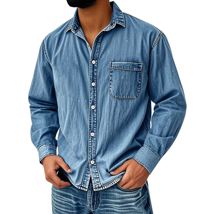 Brindan - 長袖デニムボタンダウンシャツ