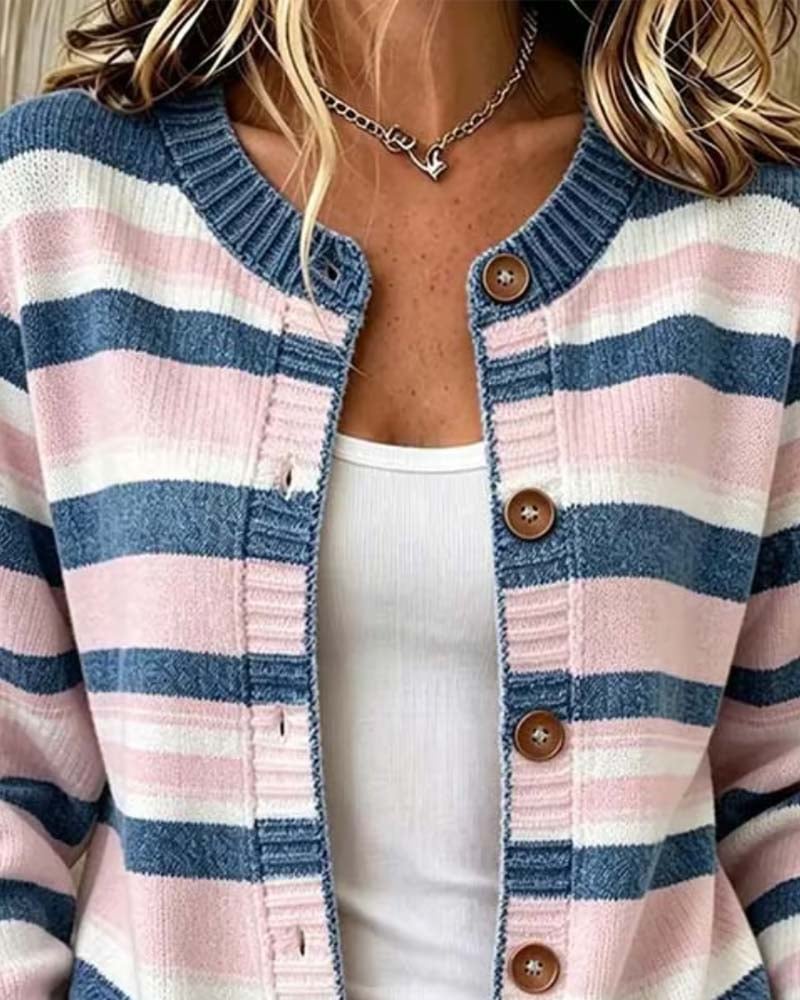 Christelle - ストライプ柄のクルーネック・シングルブレストカーディガン