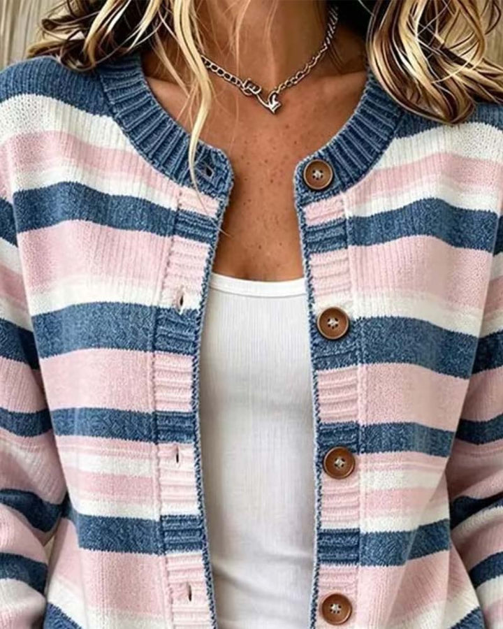Christelle - ストライプ柄のクルーネック・シングルブレストカーディガン